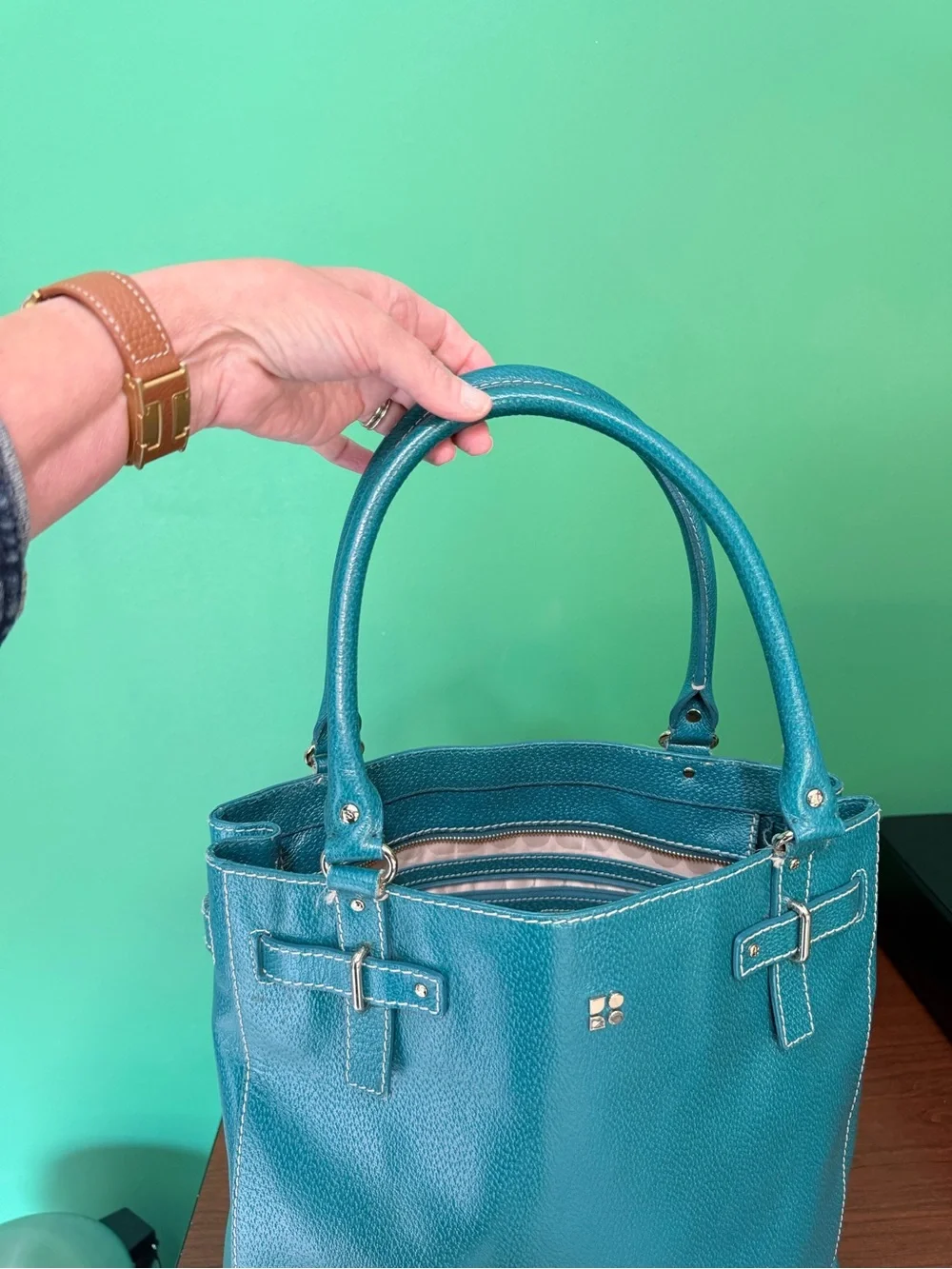 kate spade Teal Leather Tote with Gold Hardware